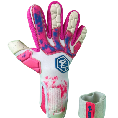 Luva de guarda-redes rosa com detalhes azuis e brancos e faixa elástica