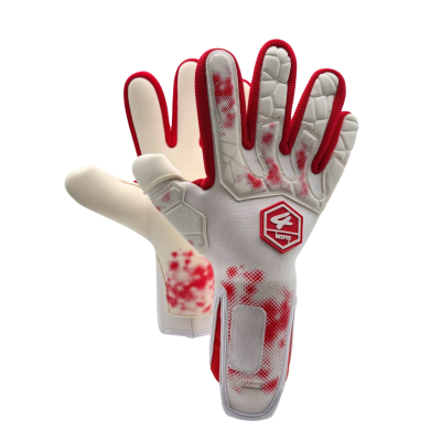 Par de luvas de guarda-redes de futebol brancas e vermelhas com textura acolchoada e logótipo.