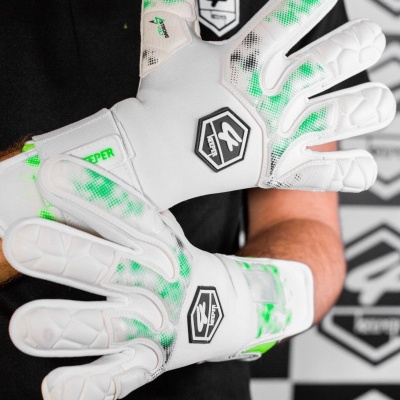 Luva de guarda-redes branca com detalhes verdes e logótipo 4 Keeper