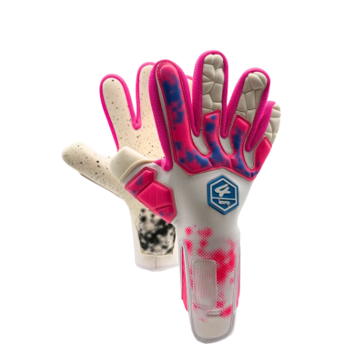 Luvas de guarda-redes em tecido e borracha rosa, branco e azul com detalhes em camuflagem e emblema KEEPERS.