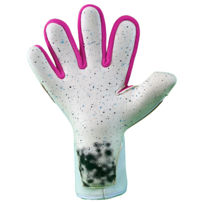 Luva desportiva branca com detalhes cor-de-rosa e salpicos azuis e pretos