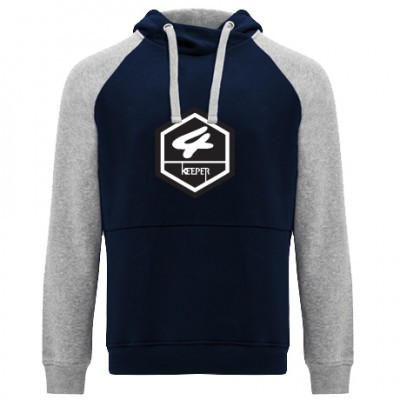 Sweatshirt azul escuro com mangas cinza claro e logotipo preto com texto 'KEEPER'