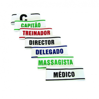 Braçadeiras elásticas de várias cores com textos para diferentes funções em português