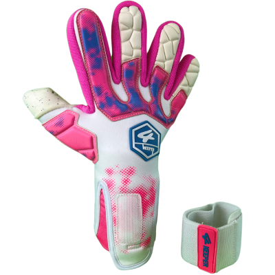 Luva de guarda-redes branca, rosa e azul com faixa elástica