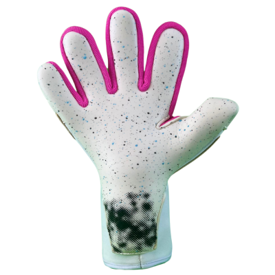 Luva desportiva branca com pontos pretos e azuis e bordas rosa