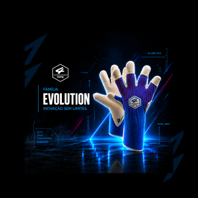 Luvas de guarda-redes de futebol azuis e bege com texto EVOLUTION