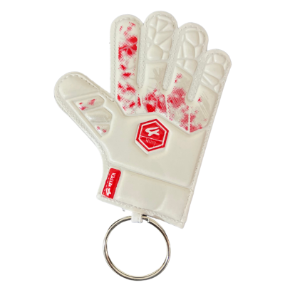 Chaveiro em forma de luva de guarda-redes branca com detalhes vermelhos e anel metálico