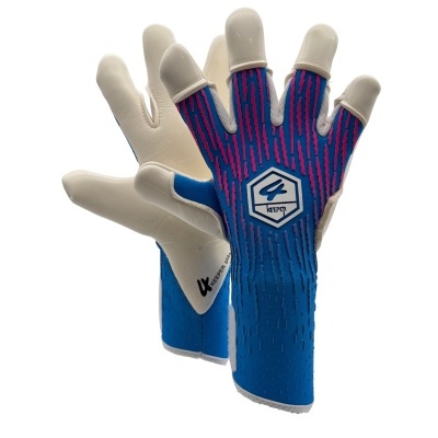 Luvas de guarda-redes azuis com riscas cor-de-rosa e palma creme.