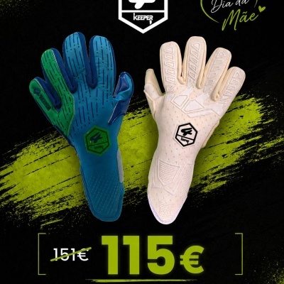 Luvas de guarda-redes azul e branca 4KEEPER com preço e texto Dia da Mãe