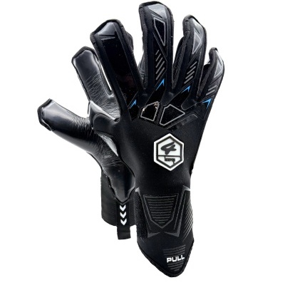 Par de luvas desportivas pretas com detalhes cinzentos e azuis