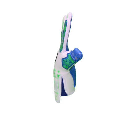 Luva desportiva branca, verde e azul escuro com detalhes texturizados.