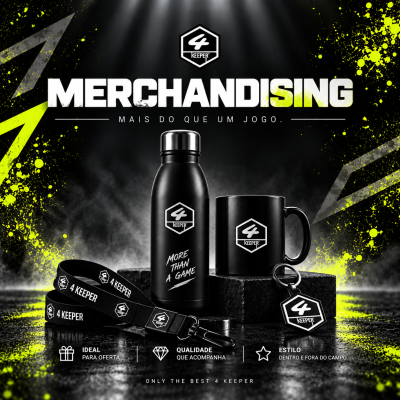 Conjunto de merchandising 4 Keeper com garrafa, caneca, porta-chaves e fita preta com logótipo 4 Keeper.