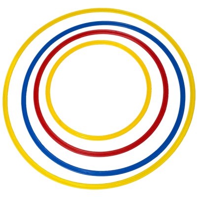 Quatro aros plásticos coloridos dispostos concêntricos.