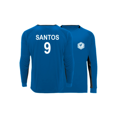 Camisola desportiva azul com nome e número em branco nas costas
