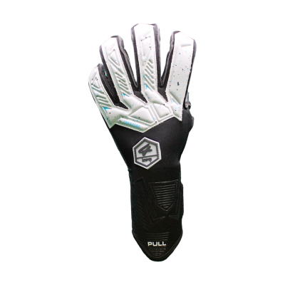 Luva de guarda-redes preta e branca com texto e logótipos