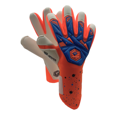 Luvas desportivas laranja com detalhes azuis e cinzentos e a marca KEEPER