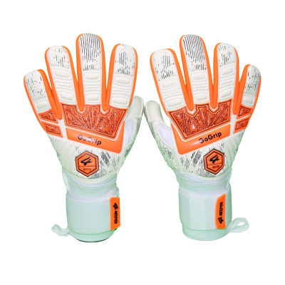 Luvas de guarda-redes brancas e laranja com detalhes pretos e fecho ajustável