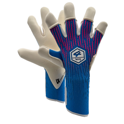 Luvas de guarda-redes azul, rosa e branco com logotipo e texto KEEPer
