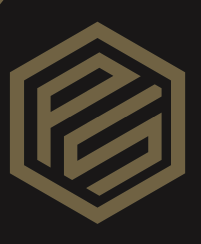 Logótipo hexagonal dourado sobre fundo preto