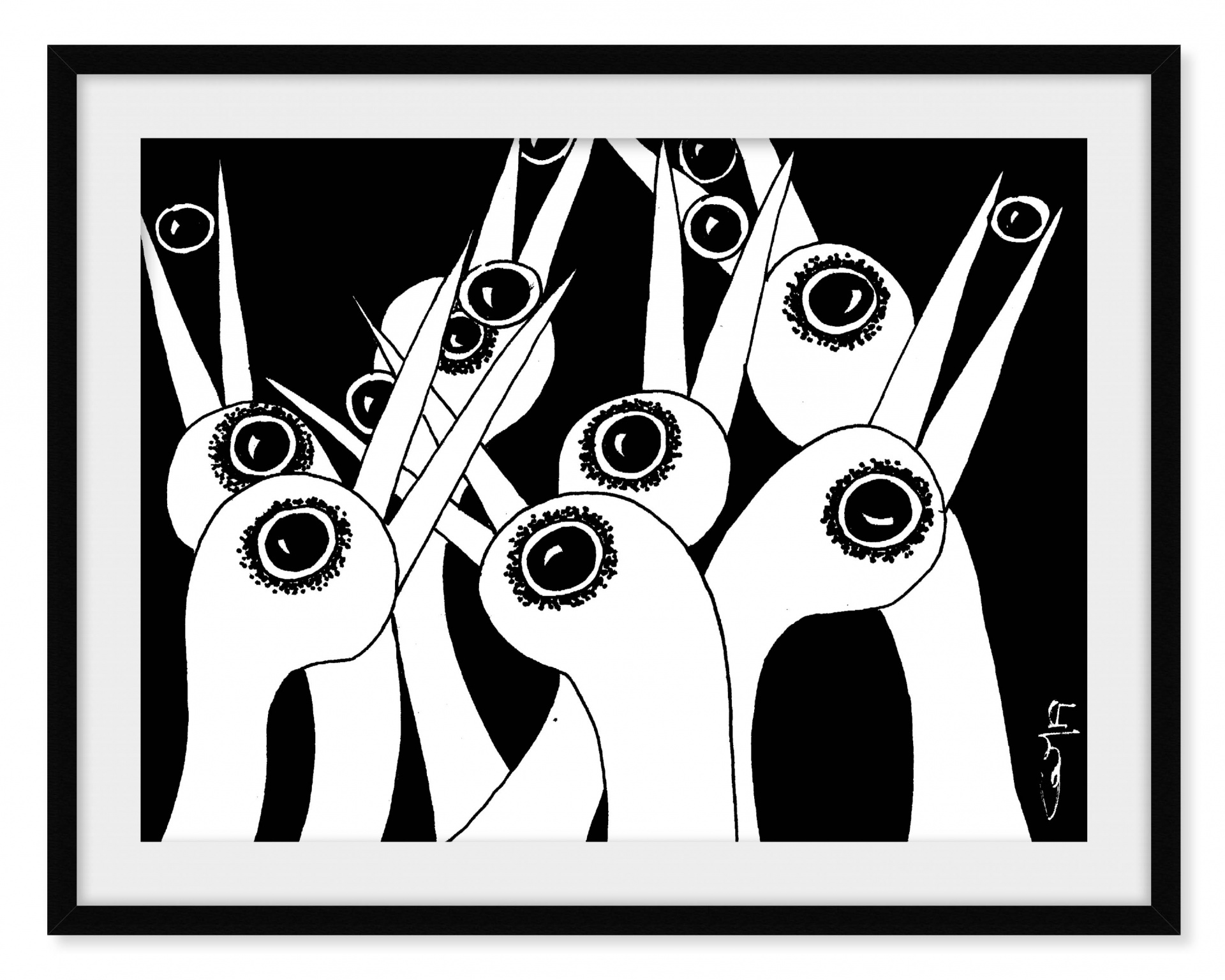 Ilustração a preto e branco de formas com olhos, assinada 'Sanda', em moldura preta.