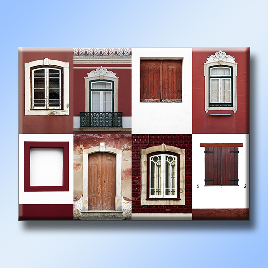 Quadro com nove imagens de janelas e portas variadas em diferentes cores e texturas.