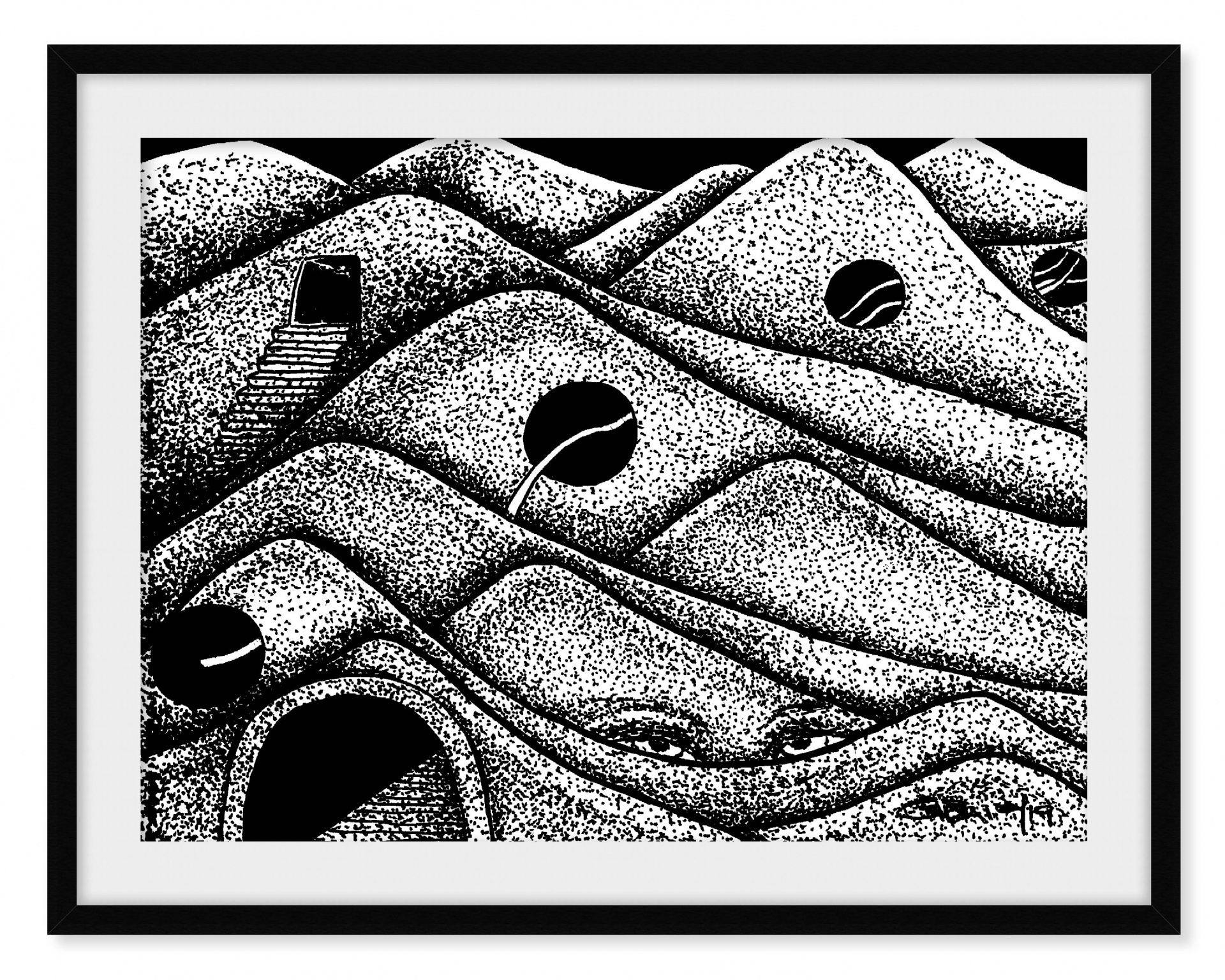 Ilustração a preto e branco com colinas pontilhadas e buracos redondos abstratos