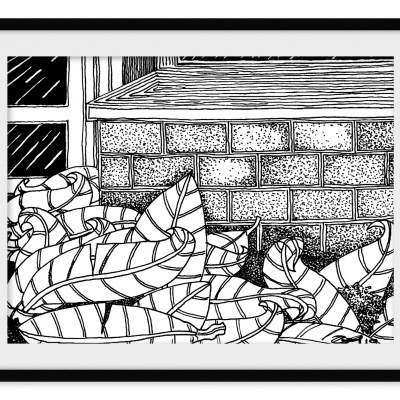 Quadro em preto e branco com moldura preta mostrando folhas com padrões lineares e parede de tijolos ao fundo.