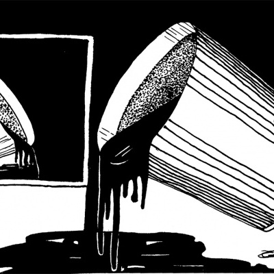 Desenho a preto e branco de um balde a derramar líquido negro num chão, com um quadrado menor da mesma imagem no canto