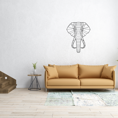 Sala de estar com sofá laranja e decalque de elefante na parede