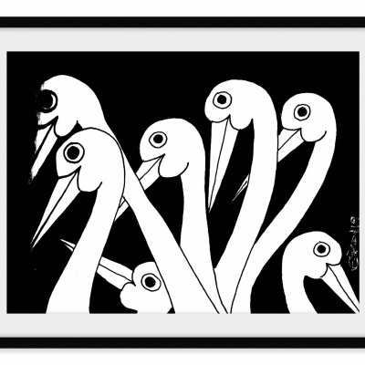 Ilustração a preto e branco de seis aves estilizadas numa moldura preta com passepartout branco