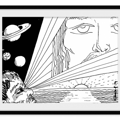 Ilustração a preto e branco de rostos e paisagem com sol e planetas