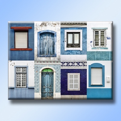 Painel com imagens de janelas e portas tradicionais em azul e branco