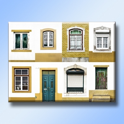 Colagem de janelas e uma porta de edifícios com várias molduras e materiais