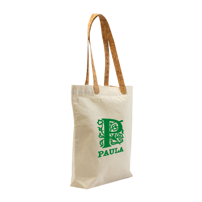 Saco de tecido cru com alças de cortiça e texto verde PAULA