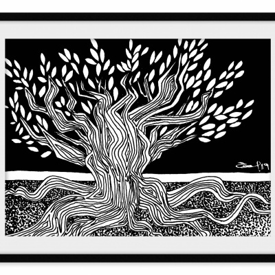 Ilustração preto e branco de árvore estilizada com tronco e raízes listradas em moldura preta