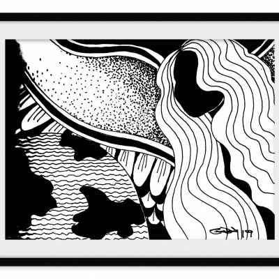 Poster artístico monocromático emoldurado com padrões ondulados em preto e branco.