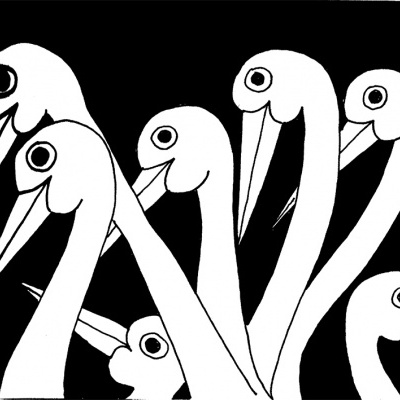 Ilustração a preto e branco de cabeças de aves estilizadas com bicos longos