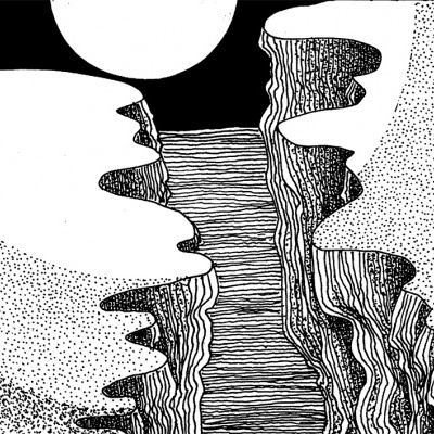 Desenho a preto e branco de fenda rochosa com sol ou lua