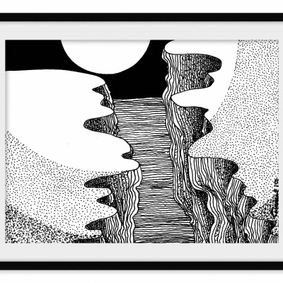 Desenho abstrato preto e branco emoldurado com formas onduladas e pontos