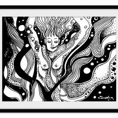 Ilustração em preto e branco de figura humana estilizada com padrões abstratos