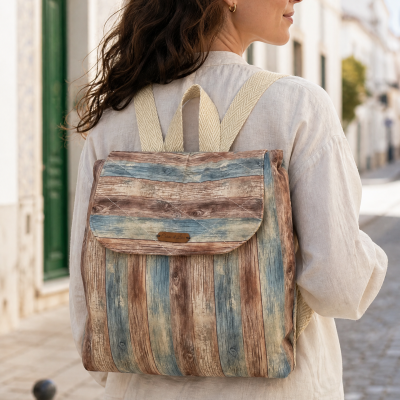 Mochila com padrão rústico que imita madeira, com alças largas de tecido bege, usada por mulher em rua com edifícios brancos