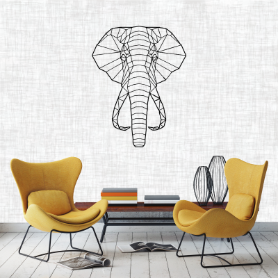 Duas poltronas amarelas, mesa com livros e decoração, parede branca com arte de elefante linear preta