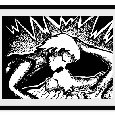 Quadro com desenho preto e branco de duas pessoas a beijar-se com fundo de linhas e pontos, em moldura preta.