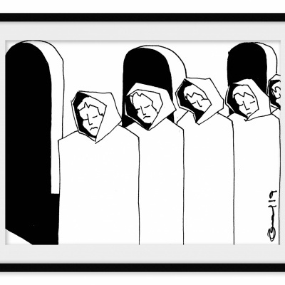 Desenho a preto e branco de quatro figuras com capuzes e arcos em fundo preto, num quadro com moldura negra.