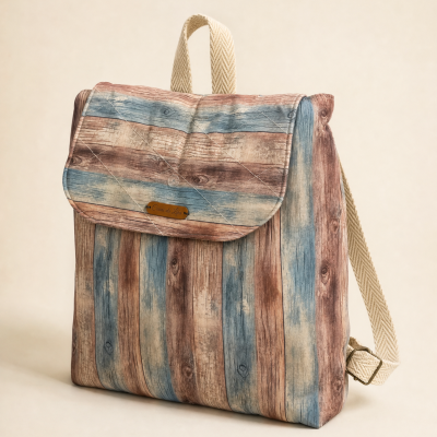 Mochila padrão tábuas de madeira em azul, castanho e bege com alças de tecido e etiqueta Coisas da Lika