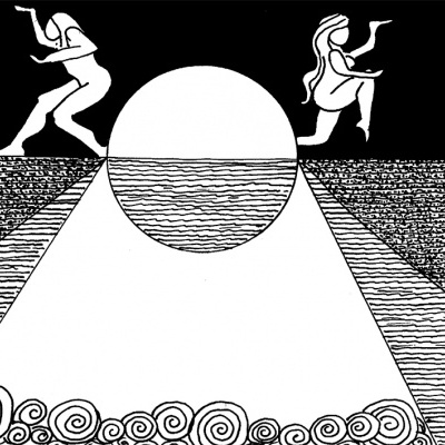 Ilustração preto e branco com figuras humanas e formas geométricas distintas.