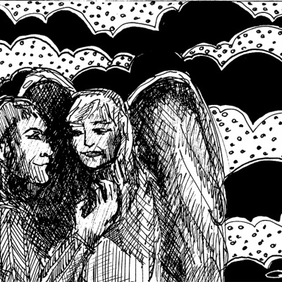 Desenho a preto e branco de duas figuras humanas com asas e fundo abstrato