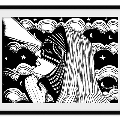 Quadro em preto e branco com rosto feminino estilizado e fundo decorativo