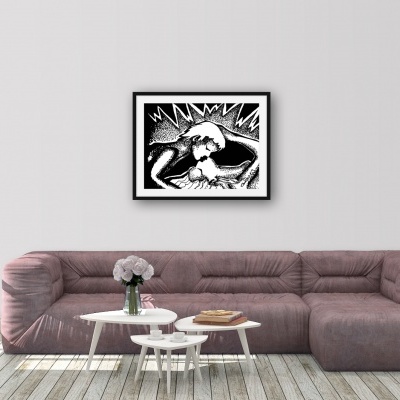 Sala moderna com sofá rosa, mesas brancas e quadro preto e branco com texto 'WHAM'