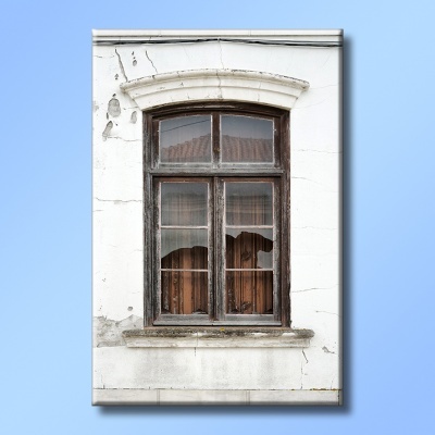 Janela de madeira antiga com vidros e figura de cachorro detrás.